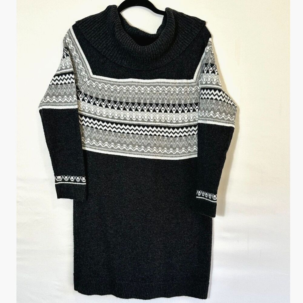 Maurices Black & Gray Open-Knit Cowl Neck Fair Isle Sweater Dress Size M Mini